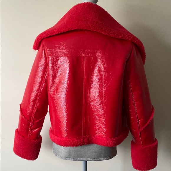 Fleece Lined Shiny Pleather Women's Red Faux Shearling Jacket - Picture 5 of 16